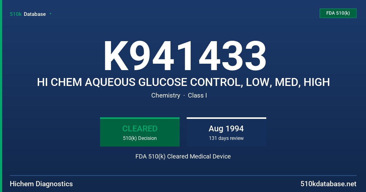 K941433 HI CHEM AQUEOUS GLUCOSE CONTROL, LOW, MED, HIGH FDA 510(k) Cleared Medical Device