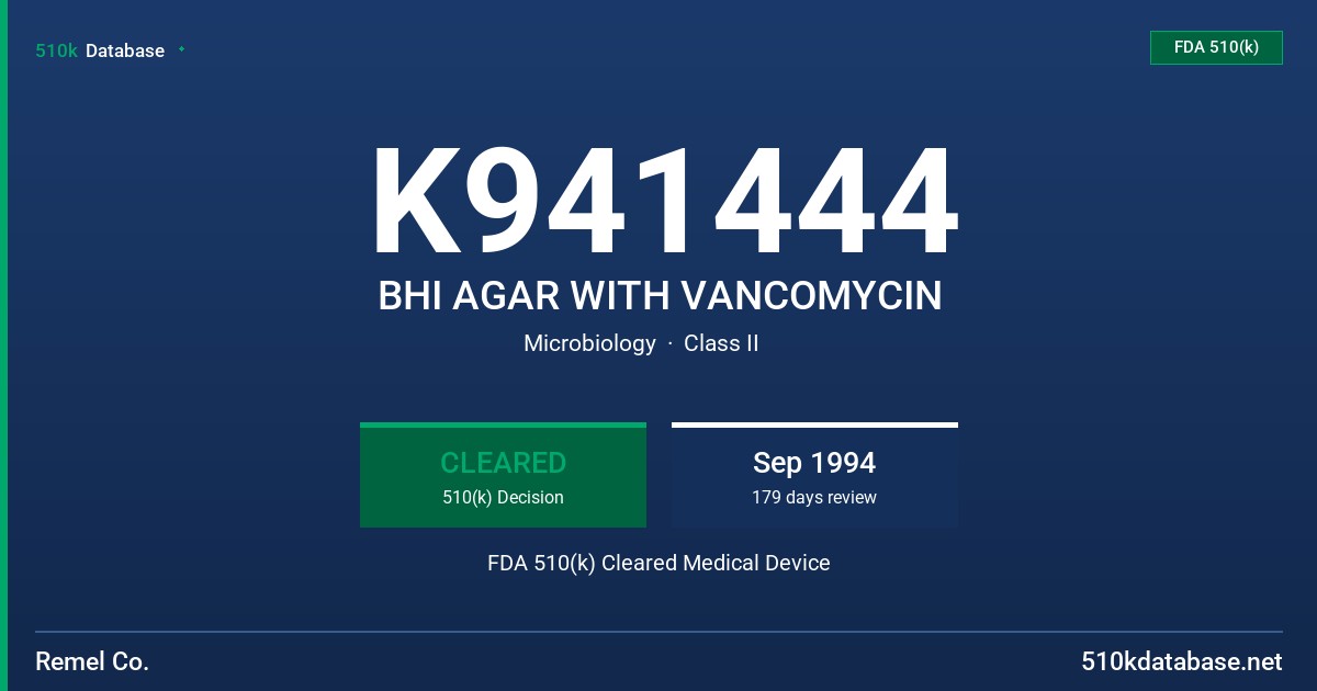 K941444 BHI AGAR WITH VANCOMYCIN FDA 510(k) Cleared Medical Device