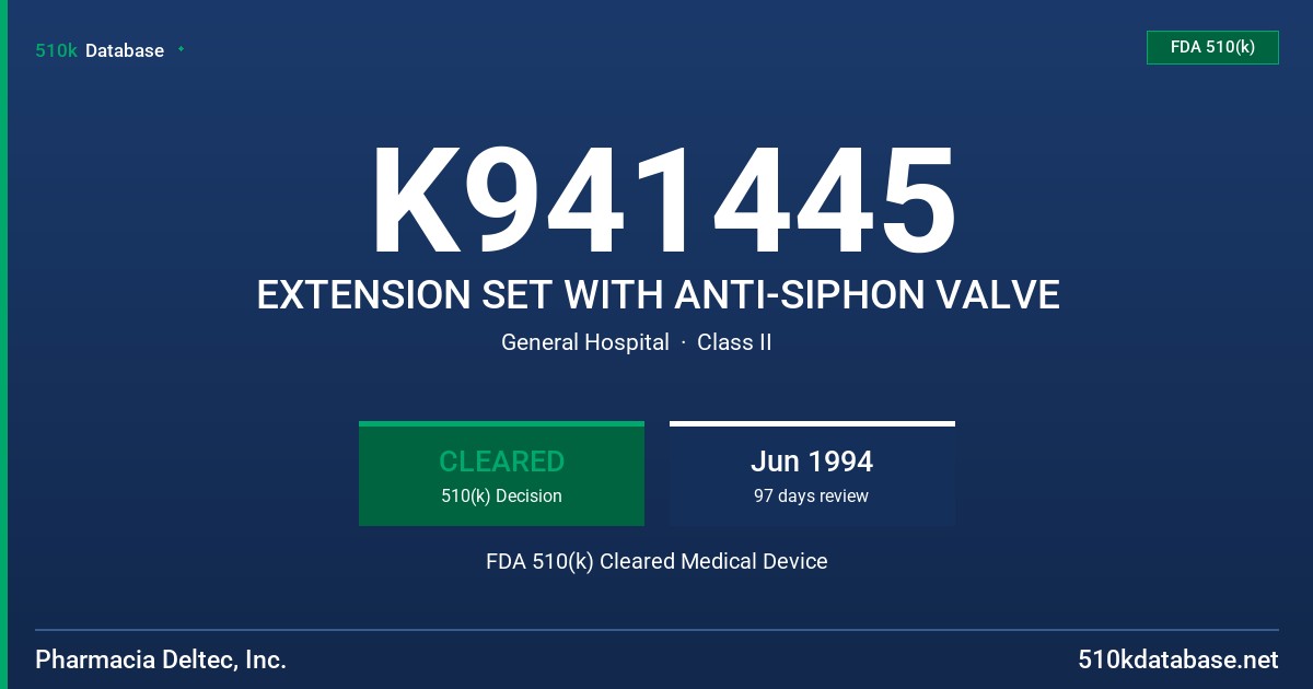 K941445 EXTENSION SET WITH ANTI-SIPHON VALVE FDA 510(k) Cleared Medical Device