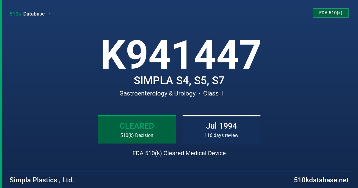 K941447 SIMPLA S4, S5, S7 FDA 510(k) Cleared Medical Device