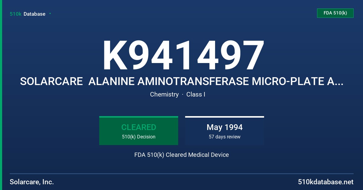 K941497 SOLARCARE  ALANINE AMINOTRANSFERASE MICRO-PLATE ASSAY FDA 510(k) Cleared Medical Device