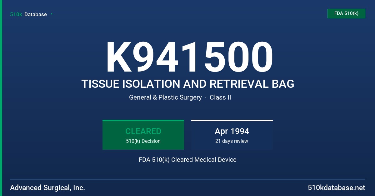 K941500 TISSUE ISOLATION AND RETRIEVAL BAG FDA 510(k) Cleared Medical Device