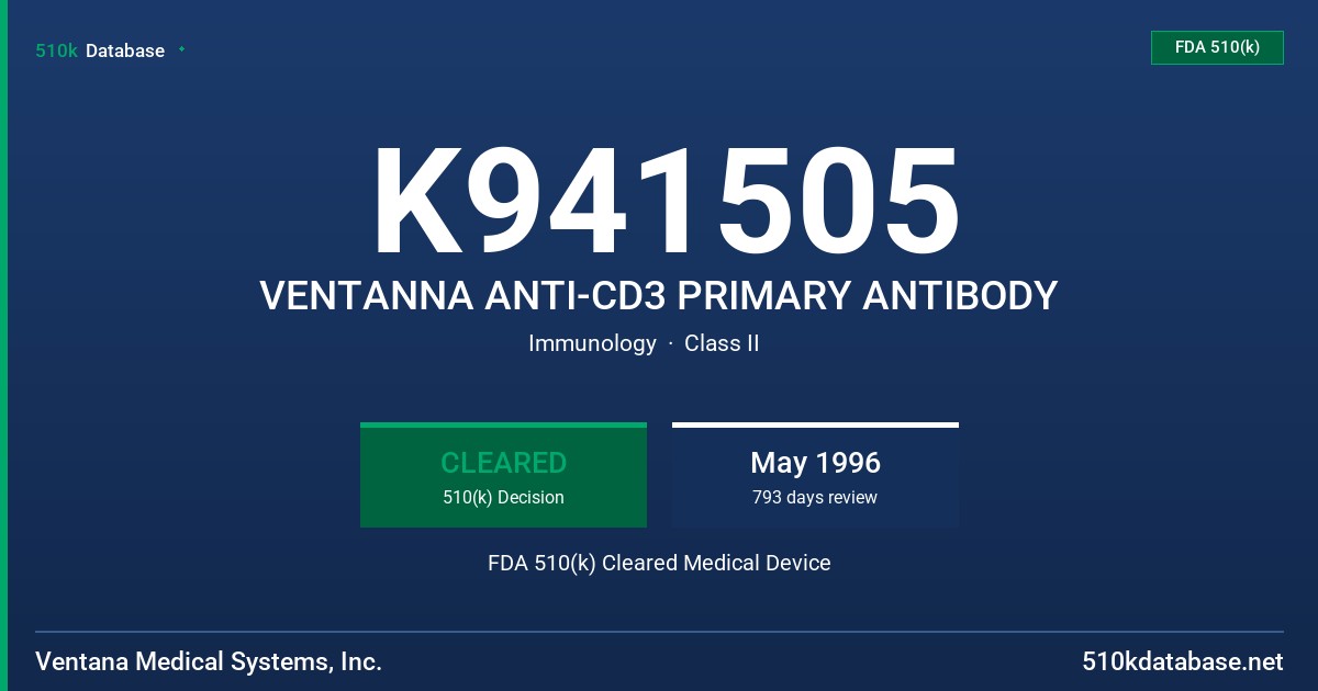 K941505 VENTANNA ANTI-CD3 PRIMARY ANTIBODY FDA 510(k) Cleared Medical Device