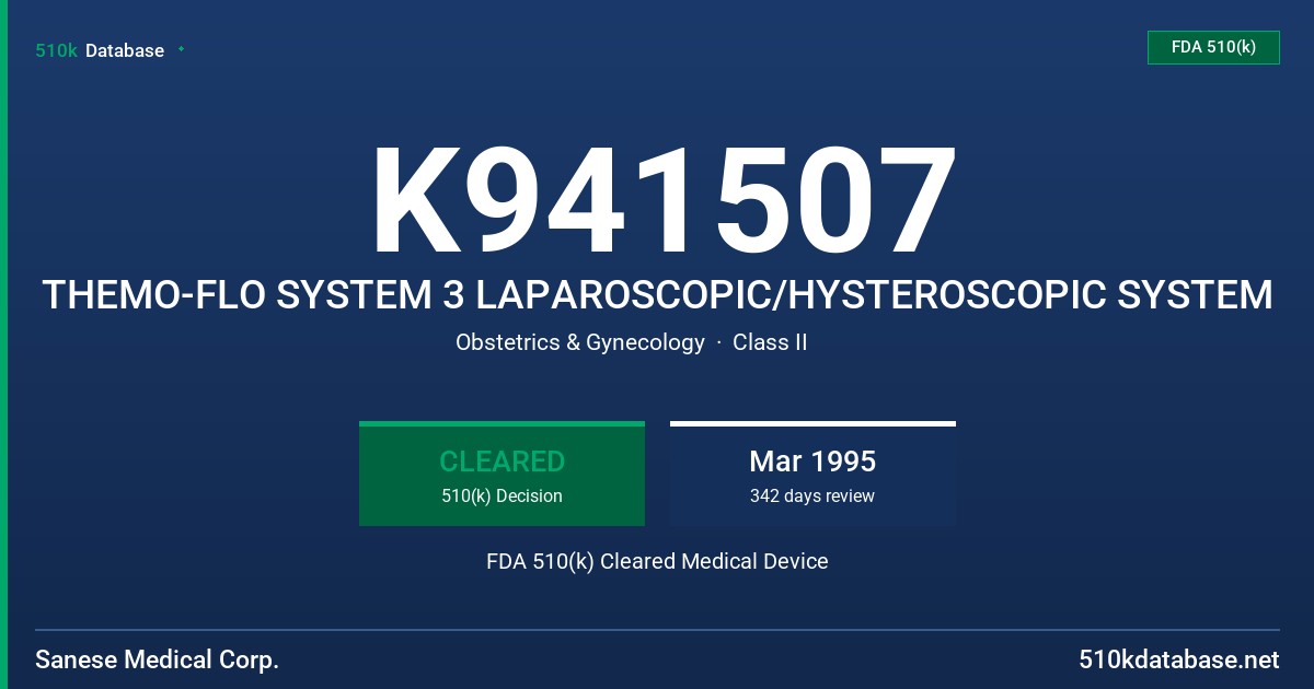 K941507 THEMO-FLO SYSTEM 3 LAPAROSCOPIC/HYSTEROSCOPIC SYSTEM FDA 510(k) Cleared Medical Device