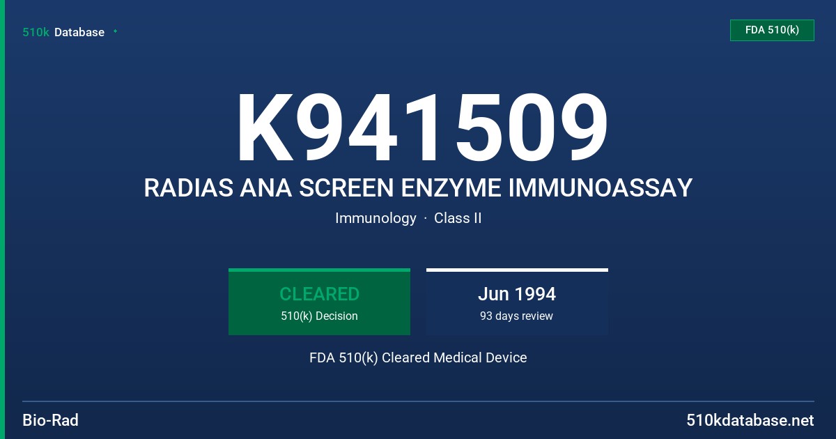 K941509 RADIAS ANA SCREEN ENZYME IMMUNOASSAY FDA 510(k) Cleared Medical Device