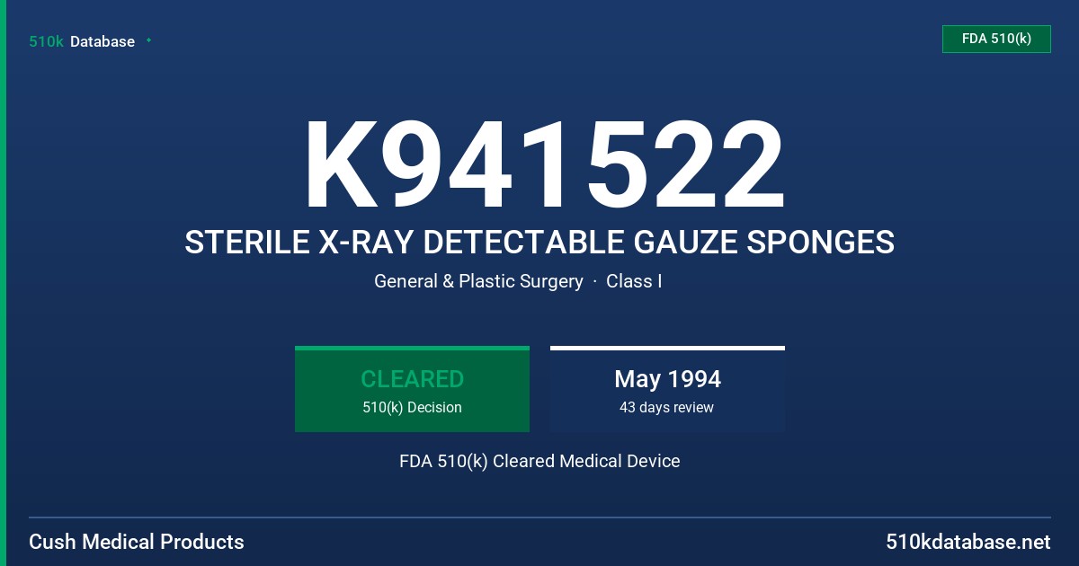 K941522 STERILE X-RAY DETECTABLE GAUZE SPONGES FDA 510(k) Cleared Medical Device