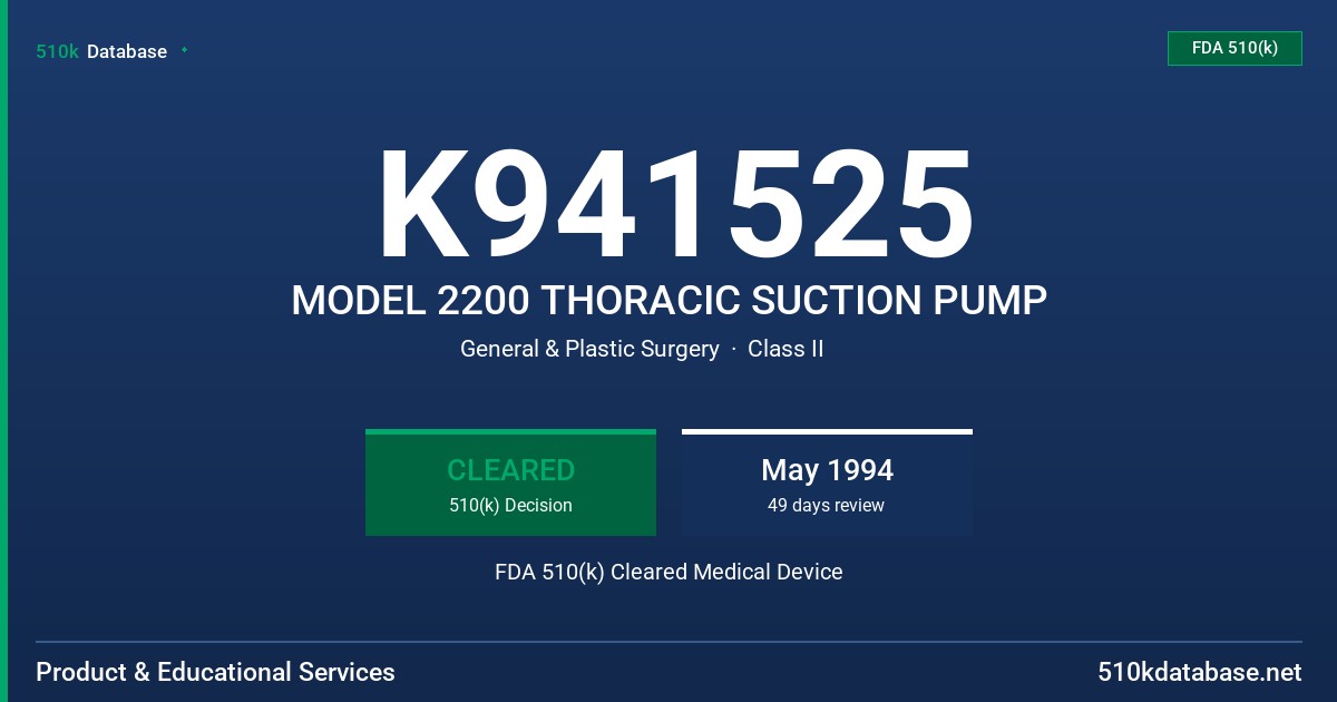 K941525 MODEL 2200 THORACIC SUCTION PUMP FDA 510(k) Cleared Medical Device