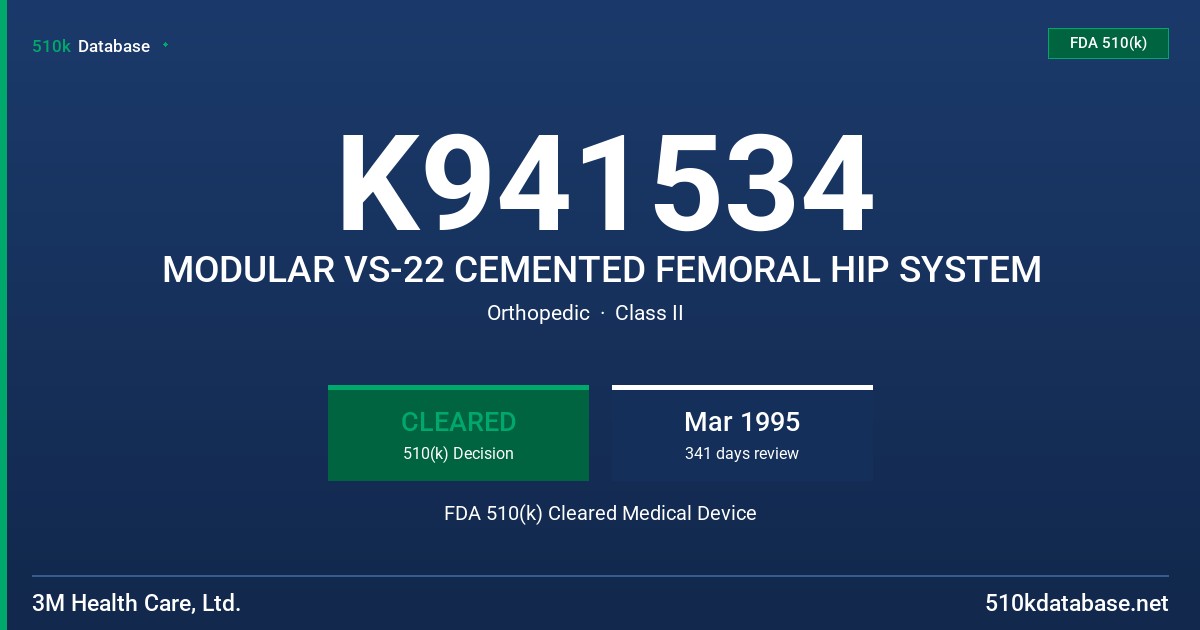 K941534 MODULAR VS-22 CEMENTED FEMORAL HIP SYSTEM FDA 510(k) Cleared Medical Device