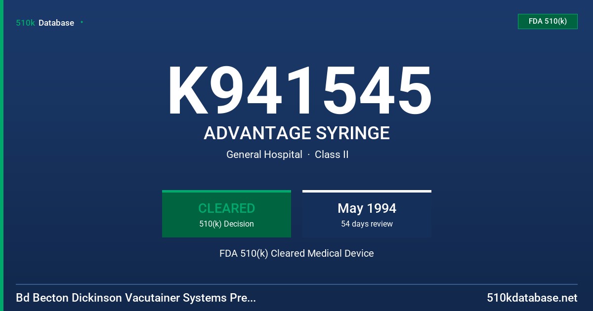 K941545 ADVANTAGE SYRINGE FDA 510(k) Cleared Medical Device