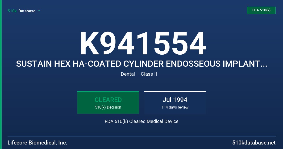 K941554 SUSTAIN HEX HA-COATED CYLINDER ENDOSSEOUS IMPLANT SYSTEM FDA 510(k) Cleared Medical Device