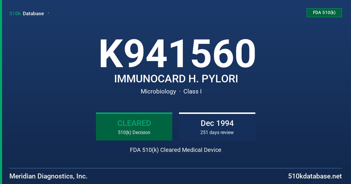 K941560 IMMUNOCARD H. PYLORI FDA 510(k) Cleared Medical Device
