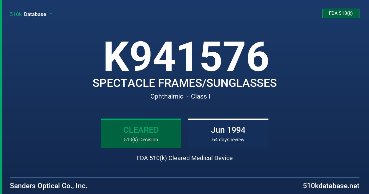 K941576 SPECTACLE FRAMES/SUNGLASSES FDA 510(k) Cleared Medical Device