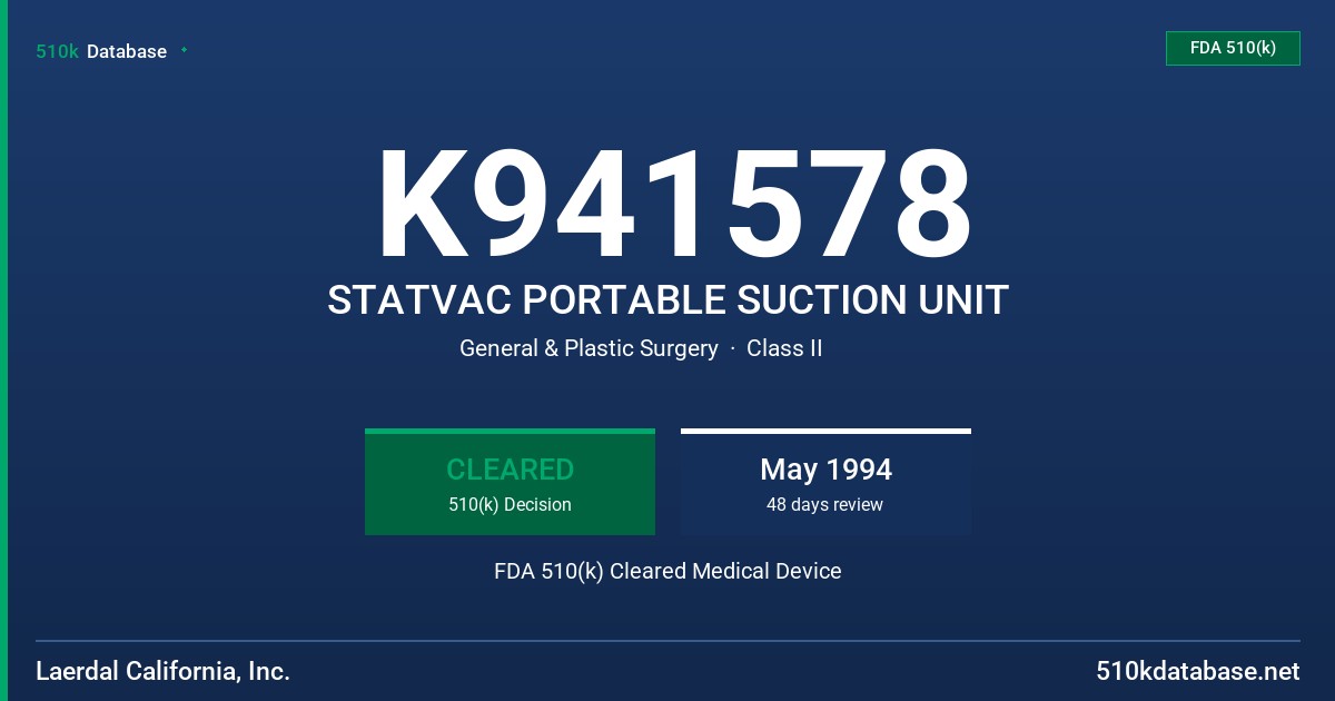 K941578 STATVAC PORTABLE SUCTION UNIT FDA 510(k) Cleared Medical Device