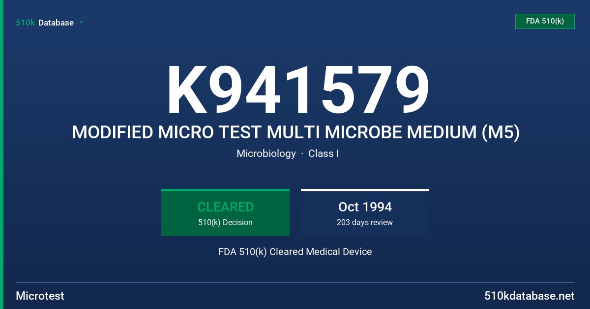 K941579 MODIFIED MICRO TEST MULTI MICROBE MEDIUM (M5) FDA 510(k) Cleared Medical Device
