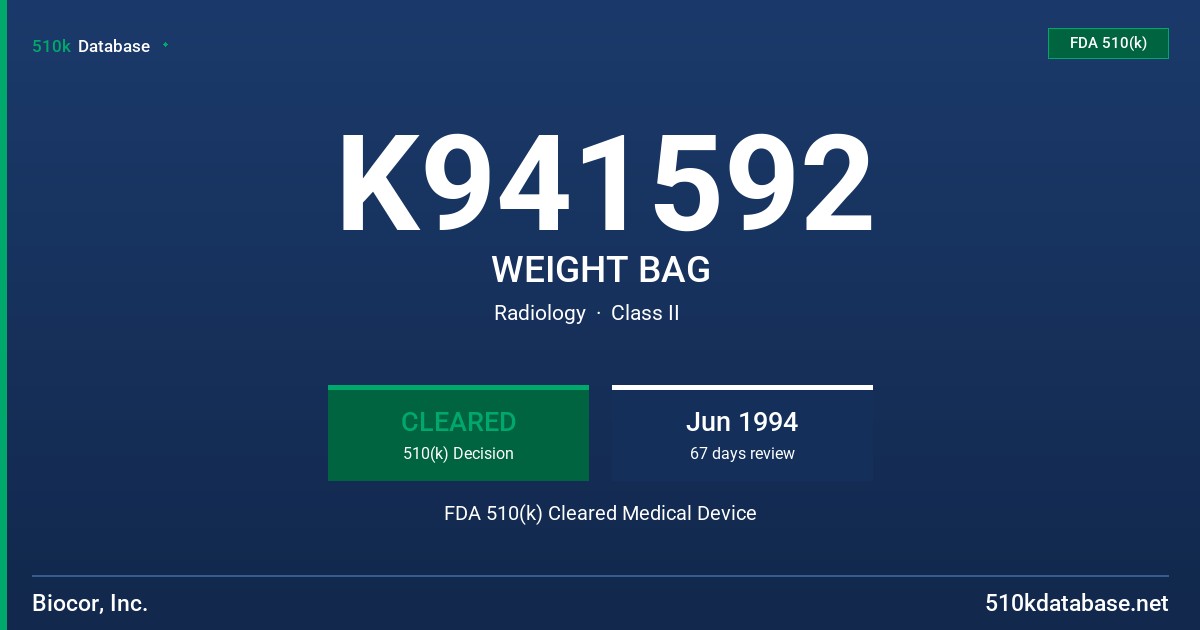 K941592 WEIGHT BAG FDA 510(k) Cleared Medical Device