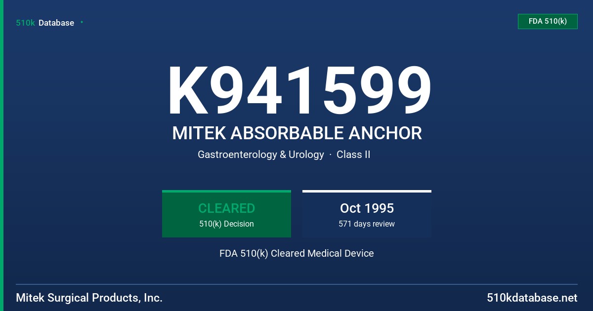 K941599 MITEK ABSORBABLE ANCHOR FDA 510(k) Cleared Medical Device