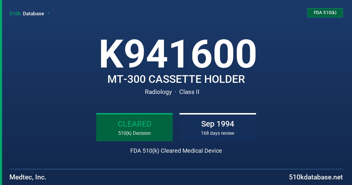 K941600 MT-300 CASSETTE HOLDER FDA 510(k) Cleared Medical Device