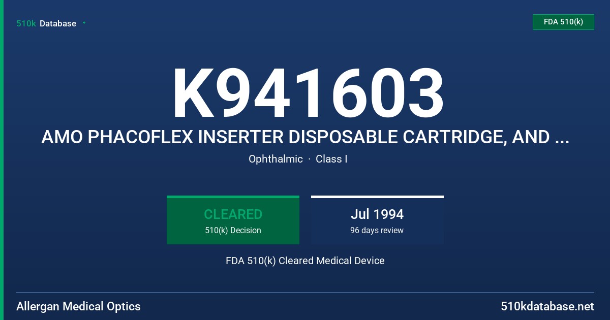 K941603 AMO PHACOFLEX INSERTER DISPOSABLE CARTRIDGE, AND HANDPIECE FDA 510(k) Cleared Medical Device
