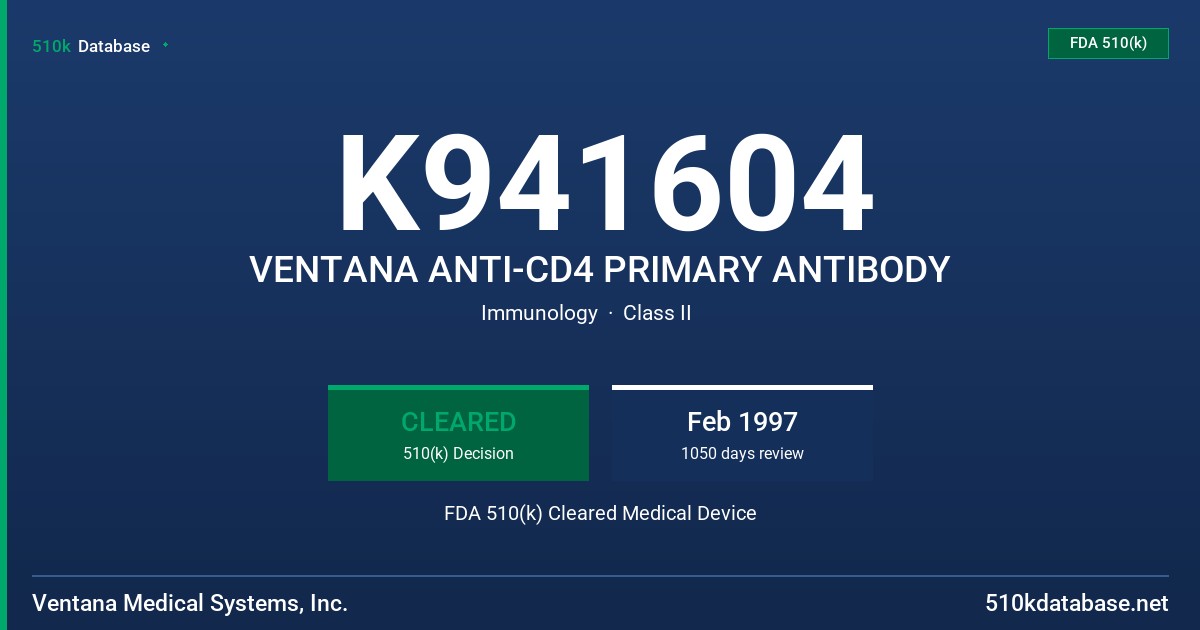 K941604 VENTANA ANTI-CD4 PRIMARY ANTIBODY FDA 510(k) Cleared Medical Device