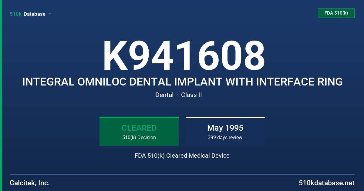 K941608 INTEGRAL OMNILOC DENTAL IMPLANT WITH INTERFACE RING FDA 510(k) Cleared Medical Device