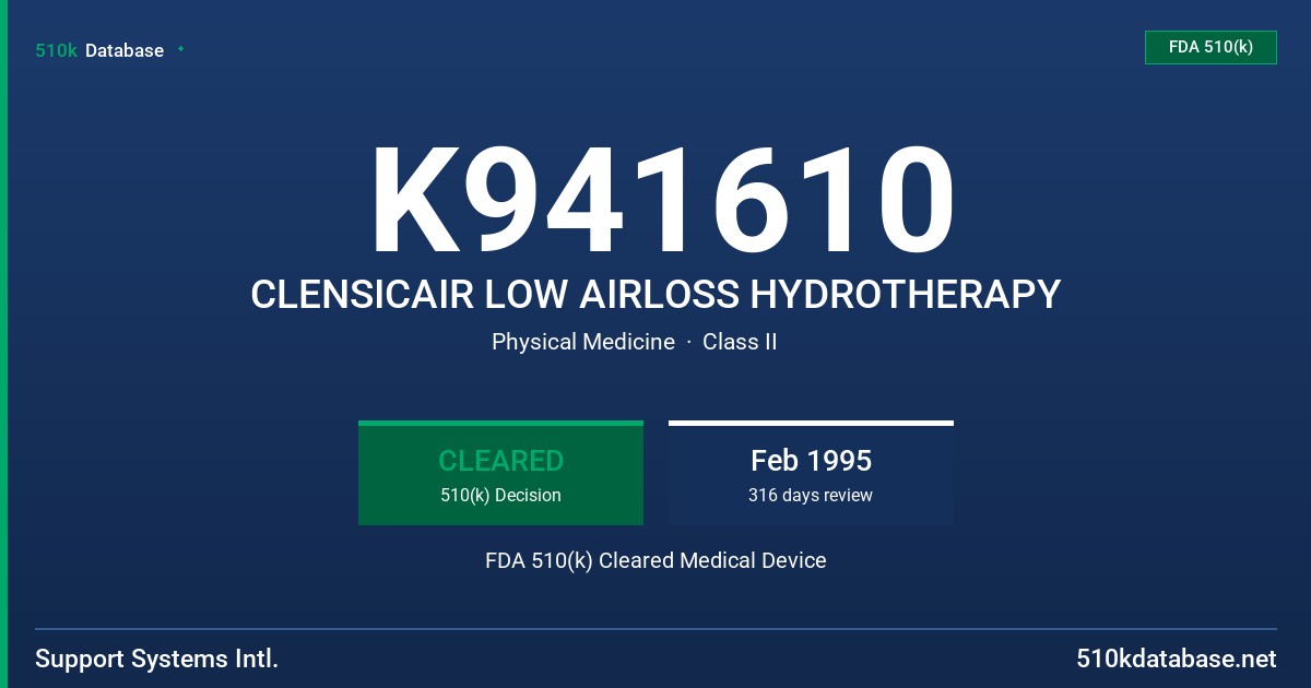 K941610 CLENSICAIR LOW AIRLOSS HYDROTHERAPY FDA 510(k) Cleared Medical Device