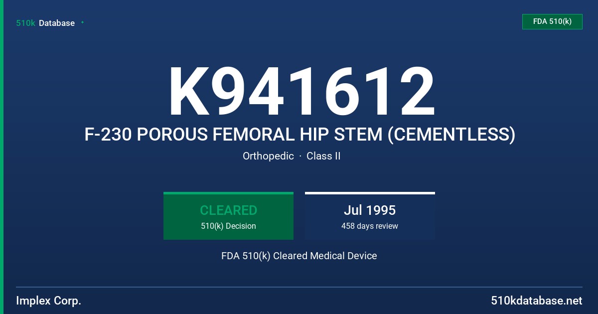 K941612 F-230 POROUS FEMORAL HIP STEM (CEMENTLESS) FDA 510(k) Cleared Medical Device