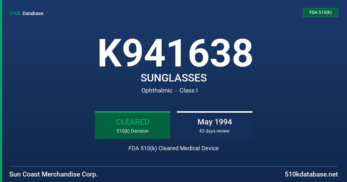 K941638 SUNGLASSES FDA 510(k) Cleared Medical Device