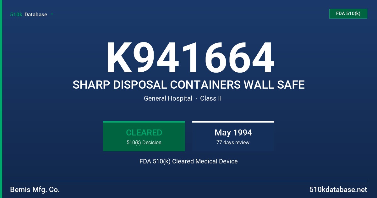 K941664 SHARP DISPOSAL CONTAINERS WALL SAFE FDA 510(k) Cleared Medical Device