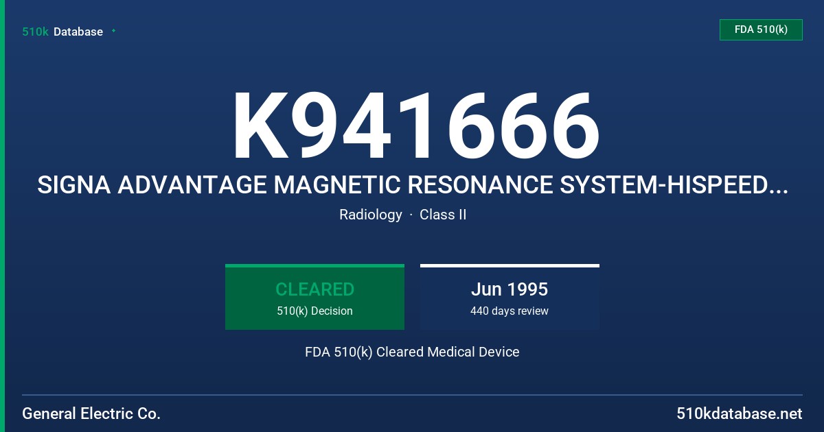 K941666 SIGNA ADVANTAGE MAGNETIC RESONANCE SYSTEM-HISPEED PERFORMANCE OPTIONS FDA 510(k) Cleared Medical Device