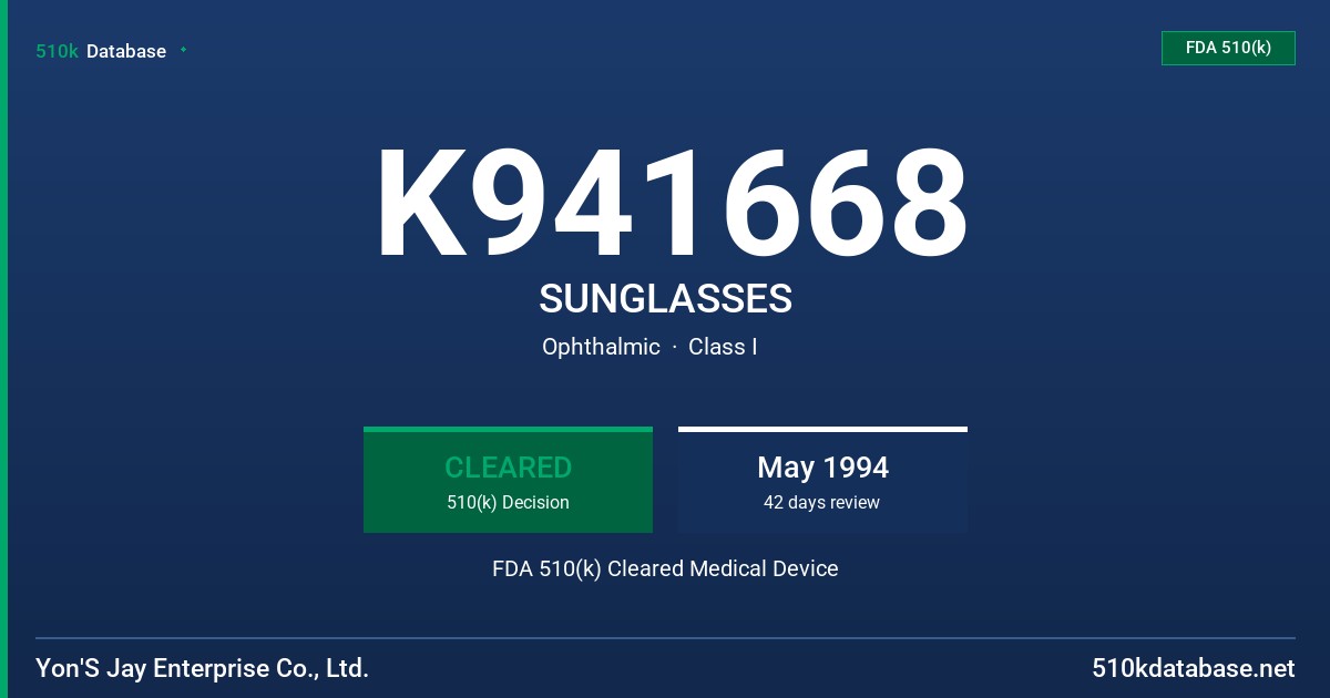 K941668 SUNGLASSES FDA 510(k) Cleared Medical Device