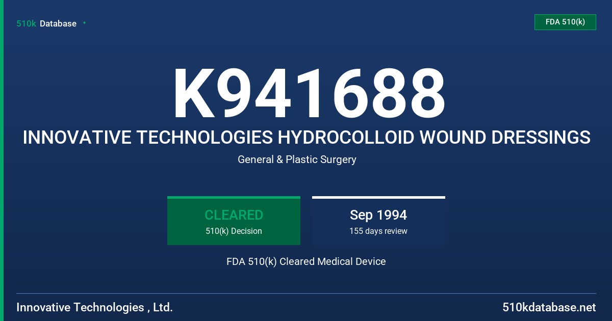 K941688 INNOVATIVE TECHNOLOGIES HYDROCOLLOID WOUND DRESSINGS FDA 510(k) Cleared Medical Device