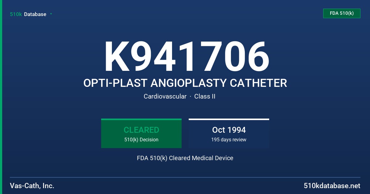 K941706 OPTI-PLAST ANGIOPLASTY CATHETER FDA 510(k) Cleared Medical Device