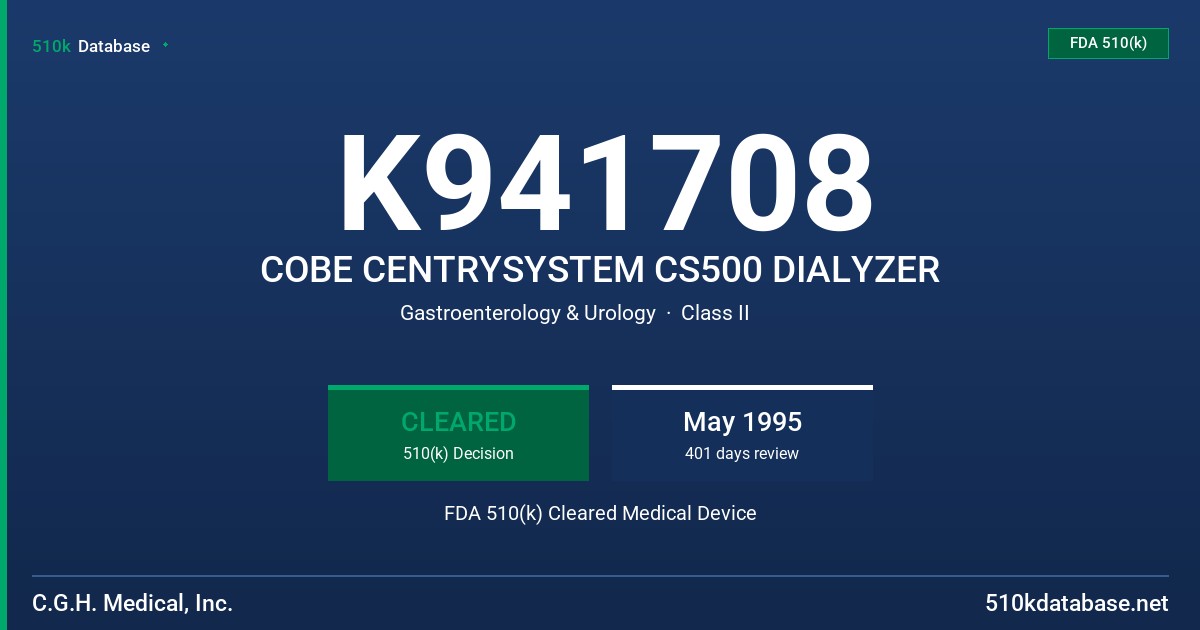 K941708 COBE CENTRYSYSTEM CS500 DIALYZER FDA 510(k) Cleared Medical Device