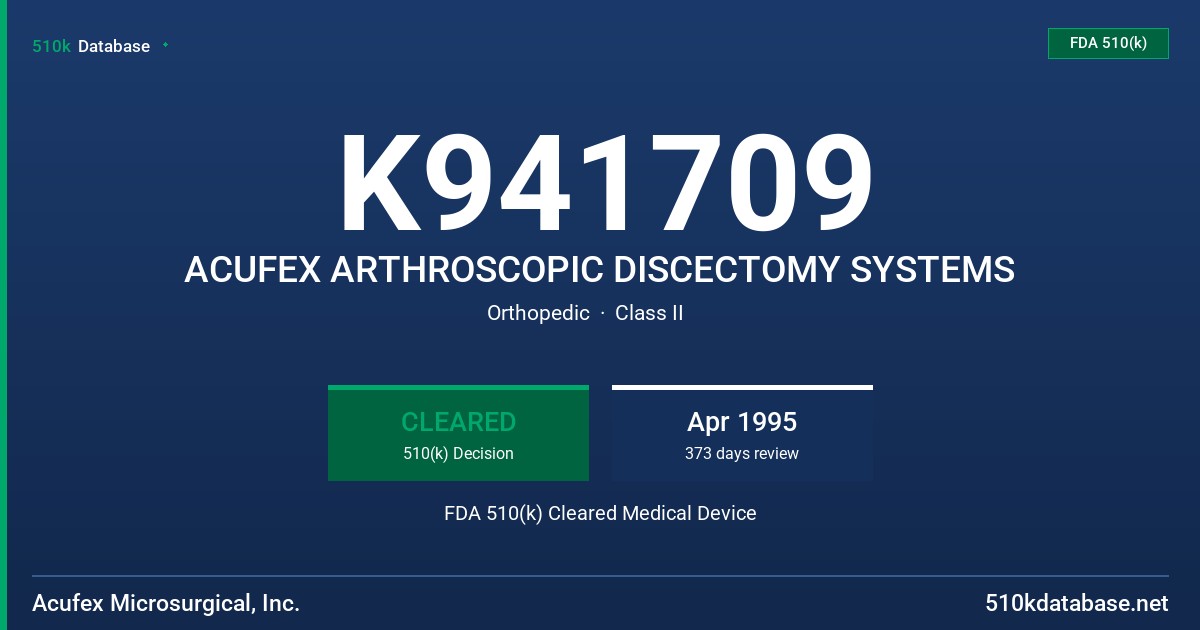 K941709 ACUFEX ARTHROSCOPIC DISCECTOMY SYSTEMS FDA 510(k) Cleared Medical Device