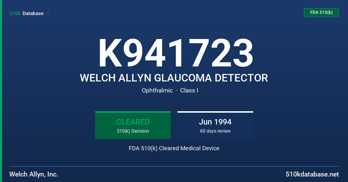 K941723 WELCH ALLYN GLAUCOMA DETECTOR FDA 510(k) Cleared Medical Device