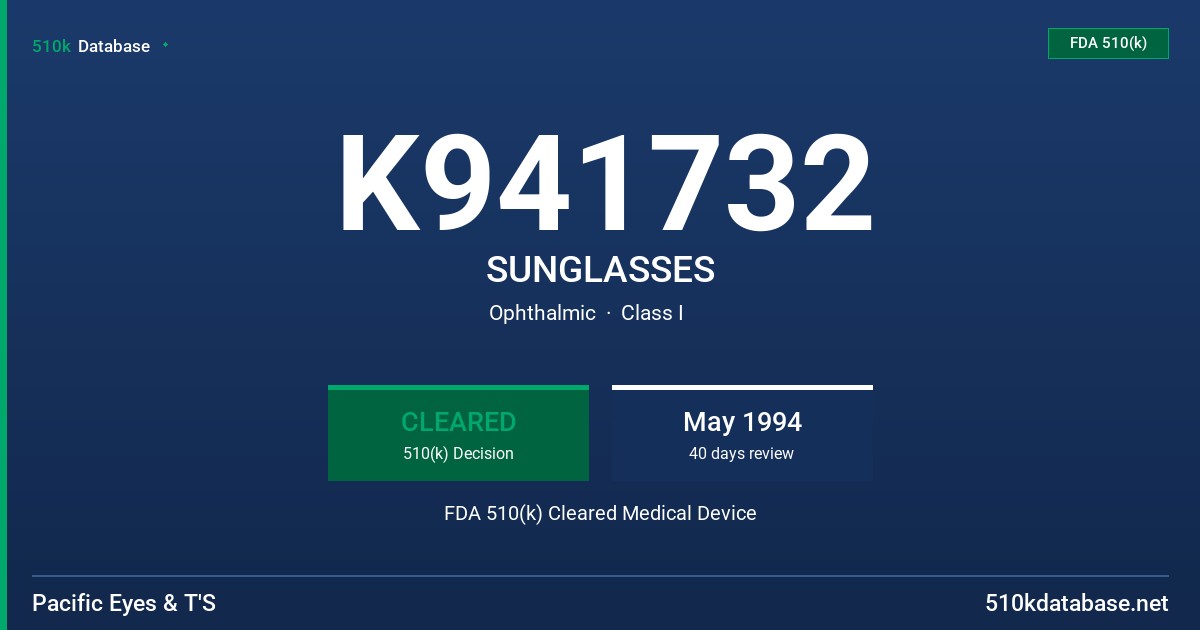 K941732 SUNGLASSES FDA 510(k) Cleared Medical Device