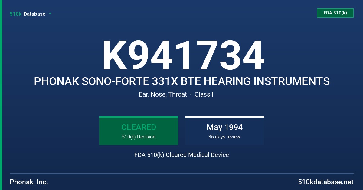 K941734 PHONAK SONO-FORTE 331X BTE HEARING INSTRUMENTS FDA 510(k) Cleared Medical Device