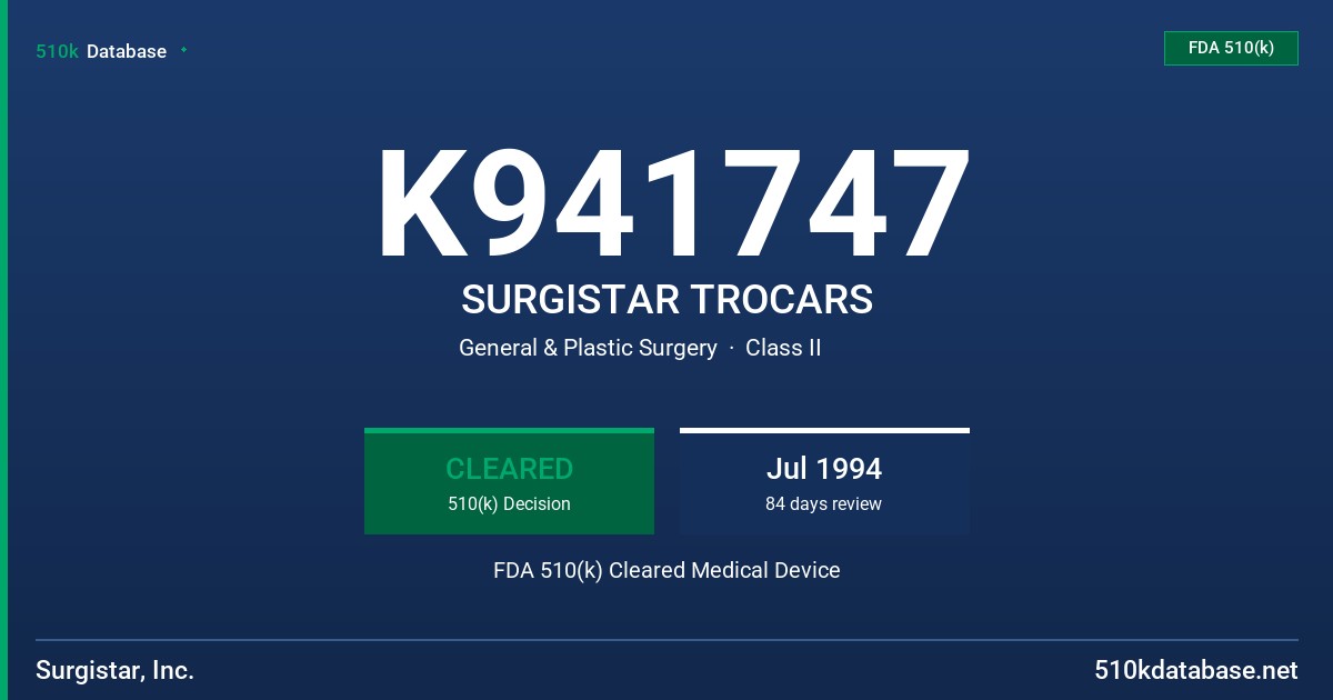 K941747 SURGISTAR TROCARS FDA 510(k) Cleared Medical Device