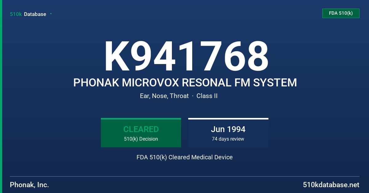 K941768 PHONAK MICROVOX RESONAL FM SYSTEM FDA 510(k) Cleared Medical Device