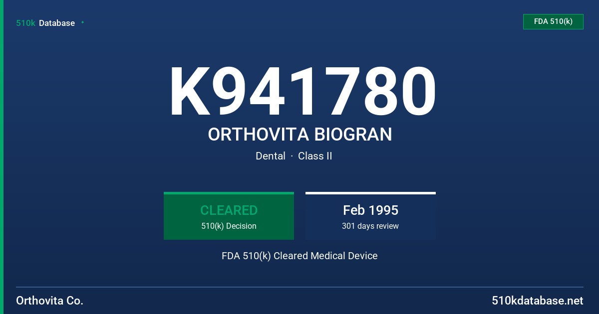 K941780 ORTHOVITA BIOGRAN FDA 510(k) Cleared Medical Device