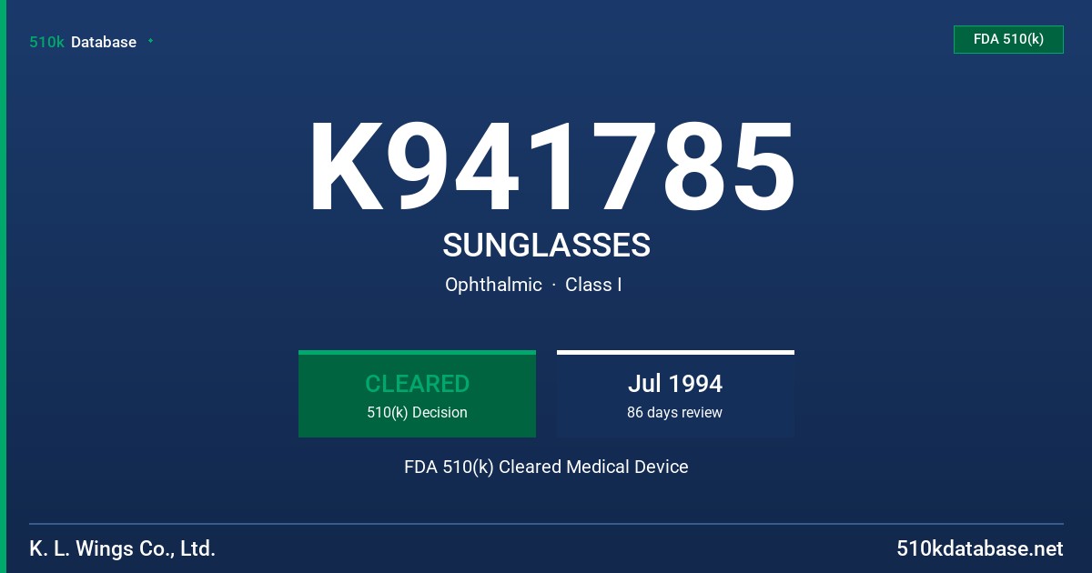 K941785 SUNGLASSES FDA 510(k) Cleared Medical Device