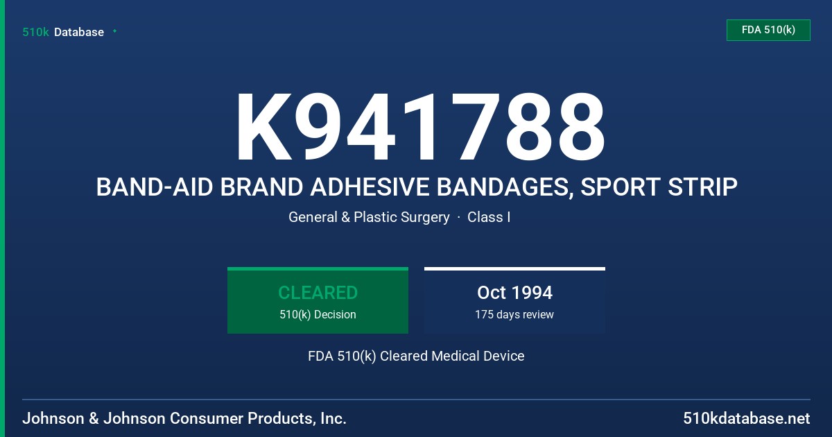 K941788 BAND-AID BRAND ADHESIVE BANDAGES, SPORT STRIP FDA 510(k) Cleared Medical Device