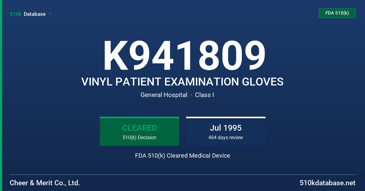 K941809 VINYL PATIENT EXAMINATION GLOVES FDA 510(k) Cleared Medical Device