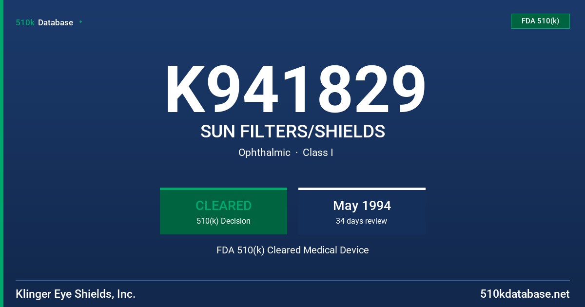 K941829 SUN FILTERS/SHIELDS FDA 510(k) Cleared Medical Device