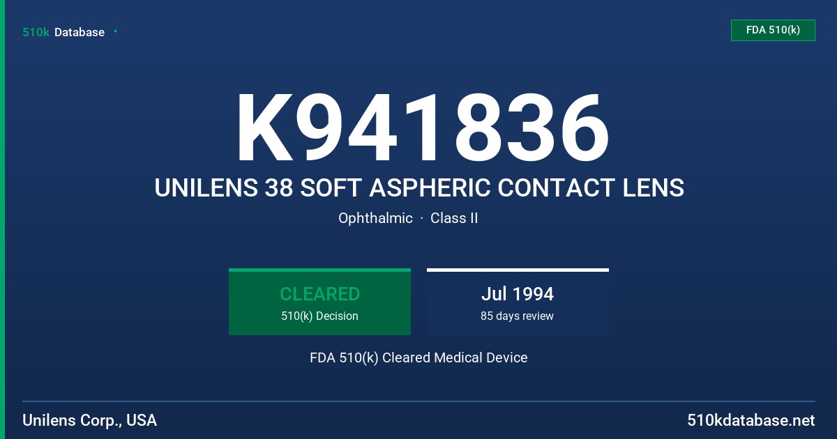 K941836 UNILENS 38 SOFT ASPHERIC CONTACT LENS FDA 510(k) Cleared Medical Device