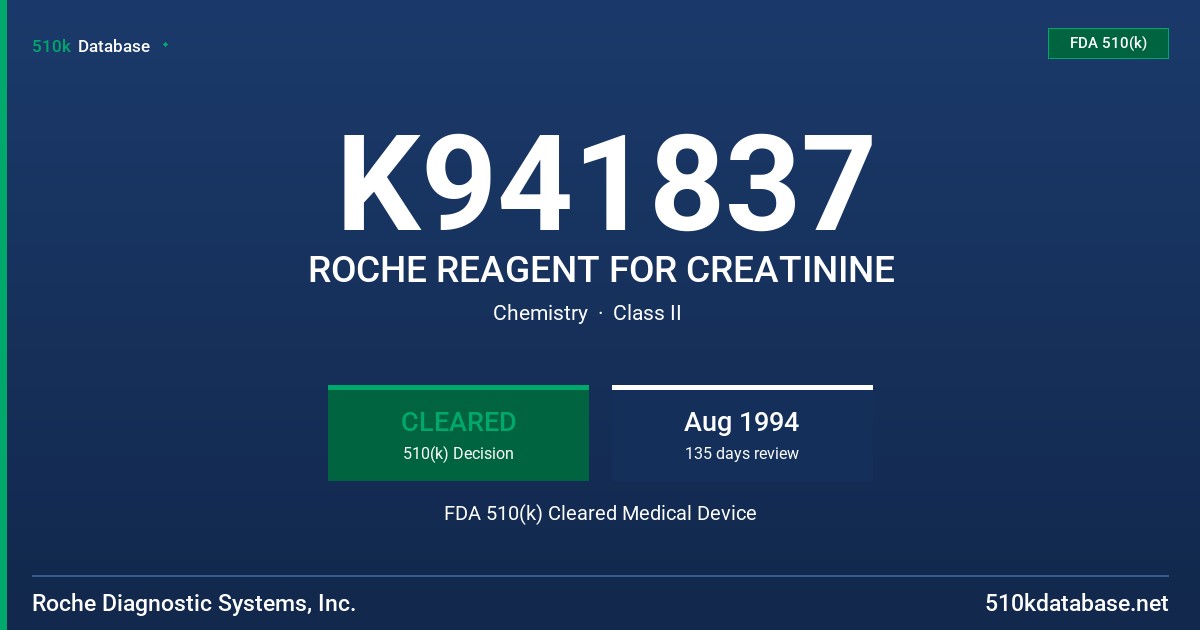 K941837 ROCHE REAGENT FOR CREATININE FDA 510(k) Cleared Medical Device