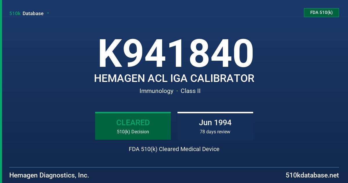K941840 HEMAGEN ACL IGA CALIBRATOR FDA 510(k) Cleared Medical Device