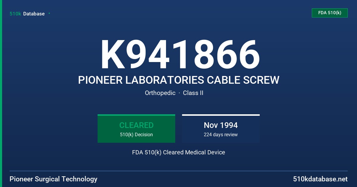 K941866 PIONEER LABORATORIES CABLE SCREW FDA 510(k) Cleared Medical Device