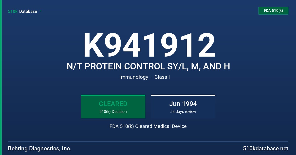 K941912 N/T PROTEIN CONTROL SY/L, M, AND H FDA 510(k) Cleared Medical Device