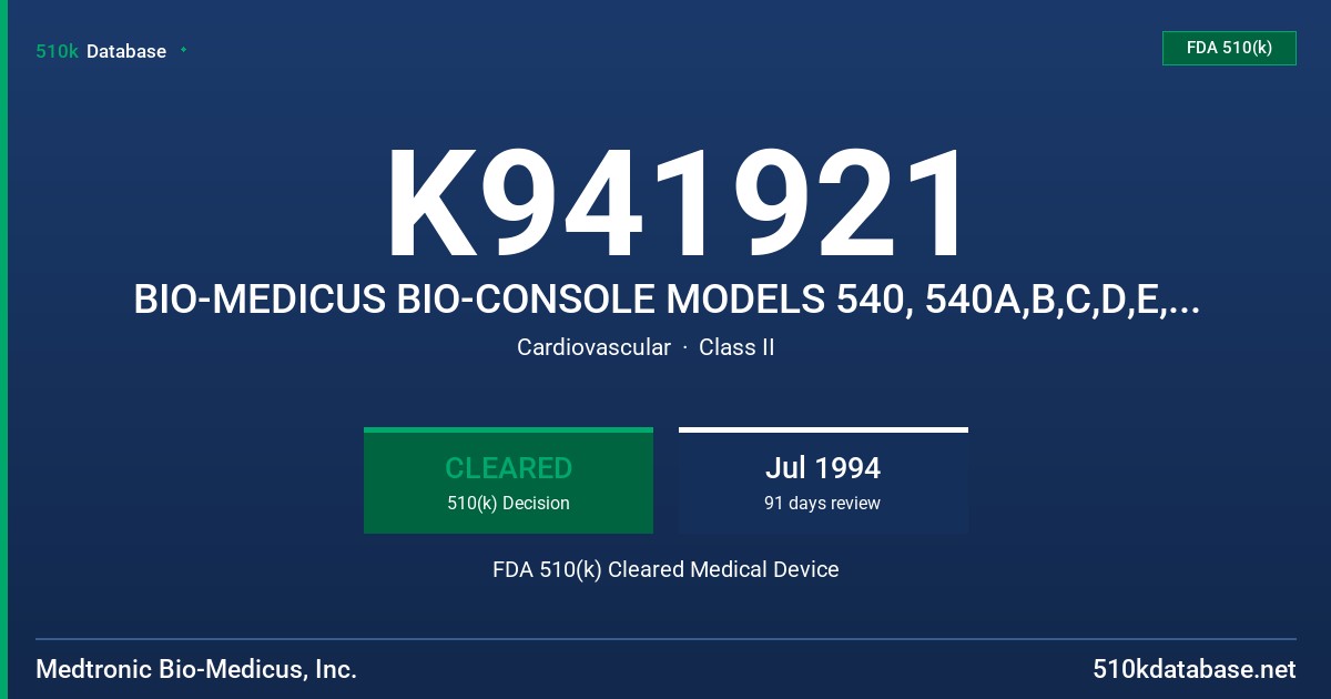 K941921 BIO-MEDICUS BIO-CONSOLE MODELS 540, 540A,B,C,D,E, & 550 FDA 510(k) Cleared Medical Device